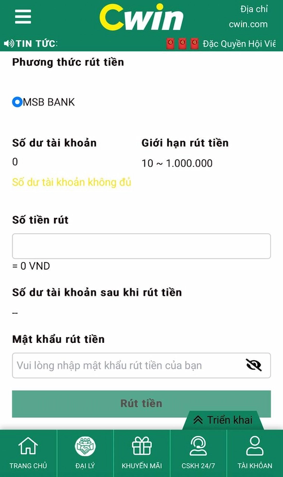 Rút Tiền CWIN Về Tài Khoản Ngân Hàng